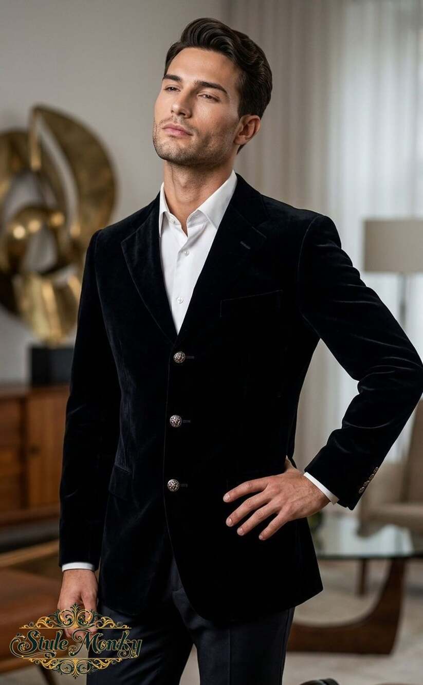 Firado Italia Men's Black Velvet Single-Breasted Blazer Jacket